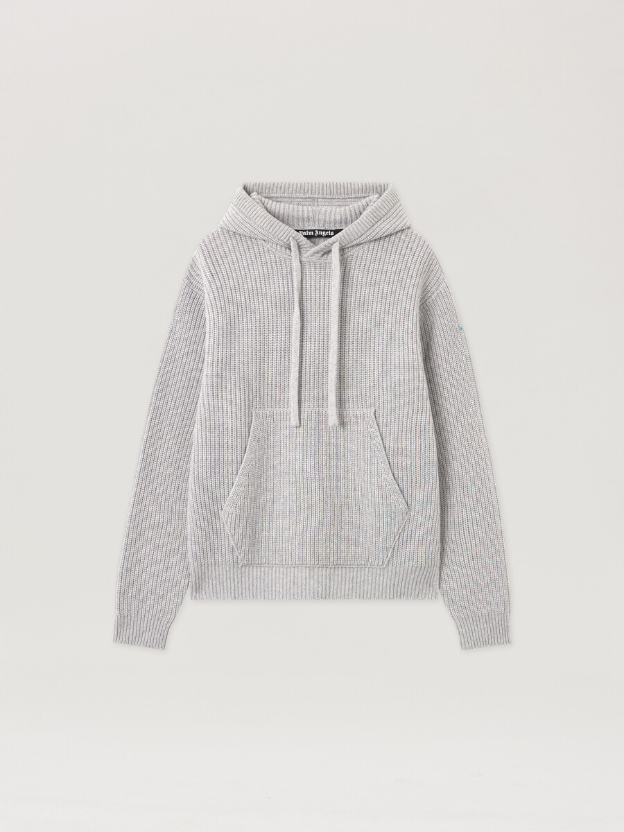 curved logo rib knit hoodie