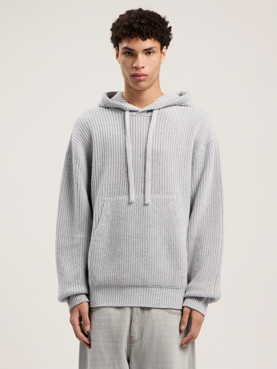 curved logo rib knit hoodie