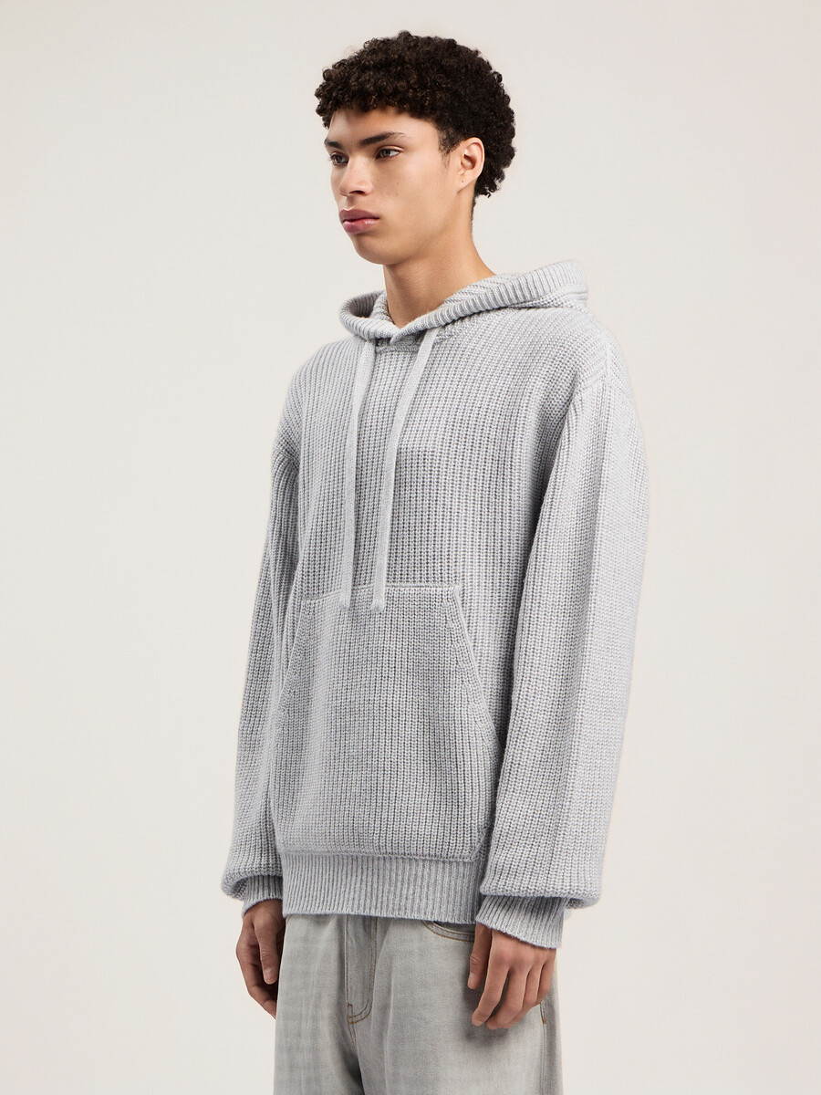 curved logo rib knit hoodie