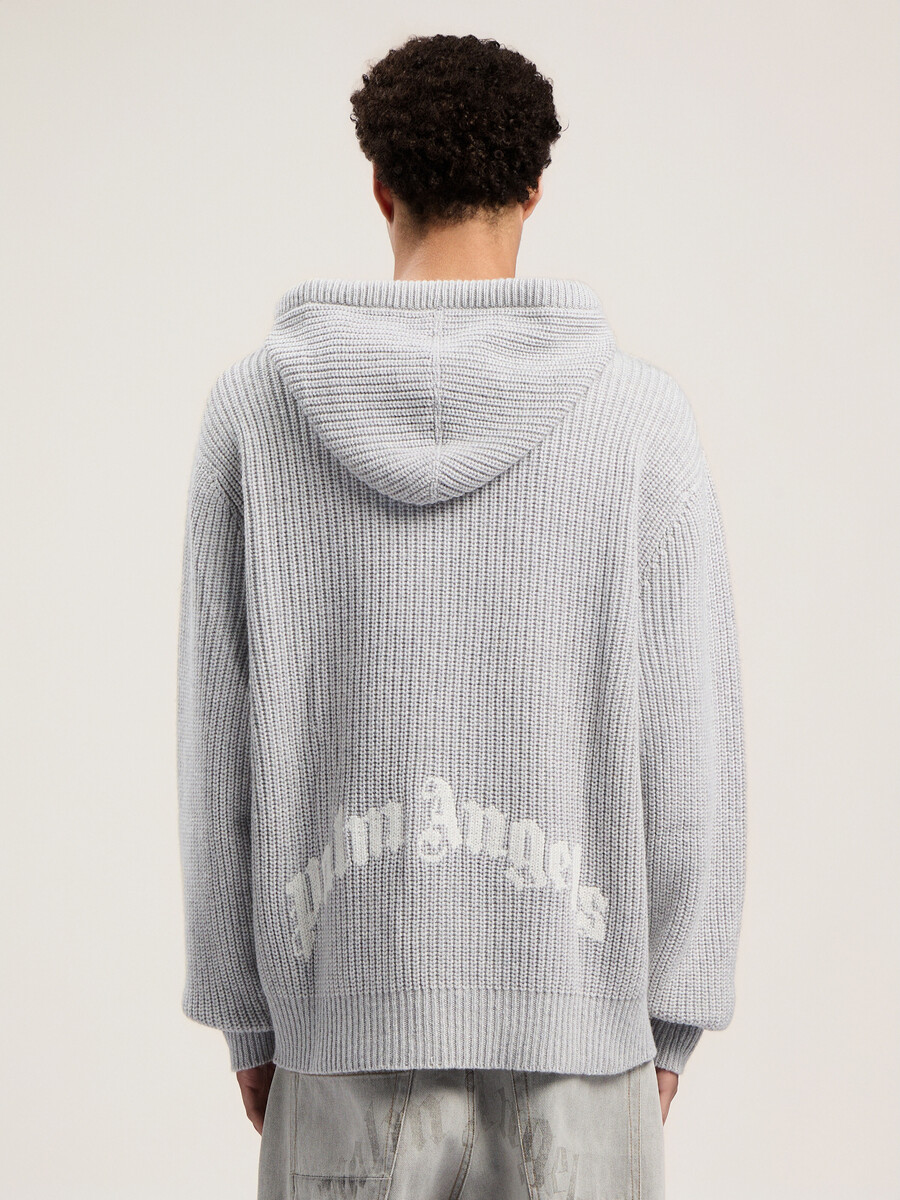 curved logo rib knit hoodie