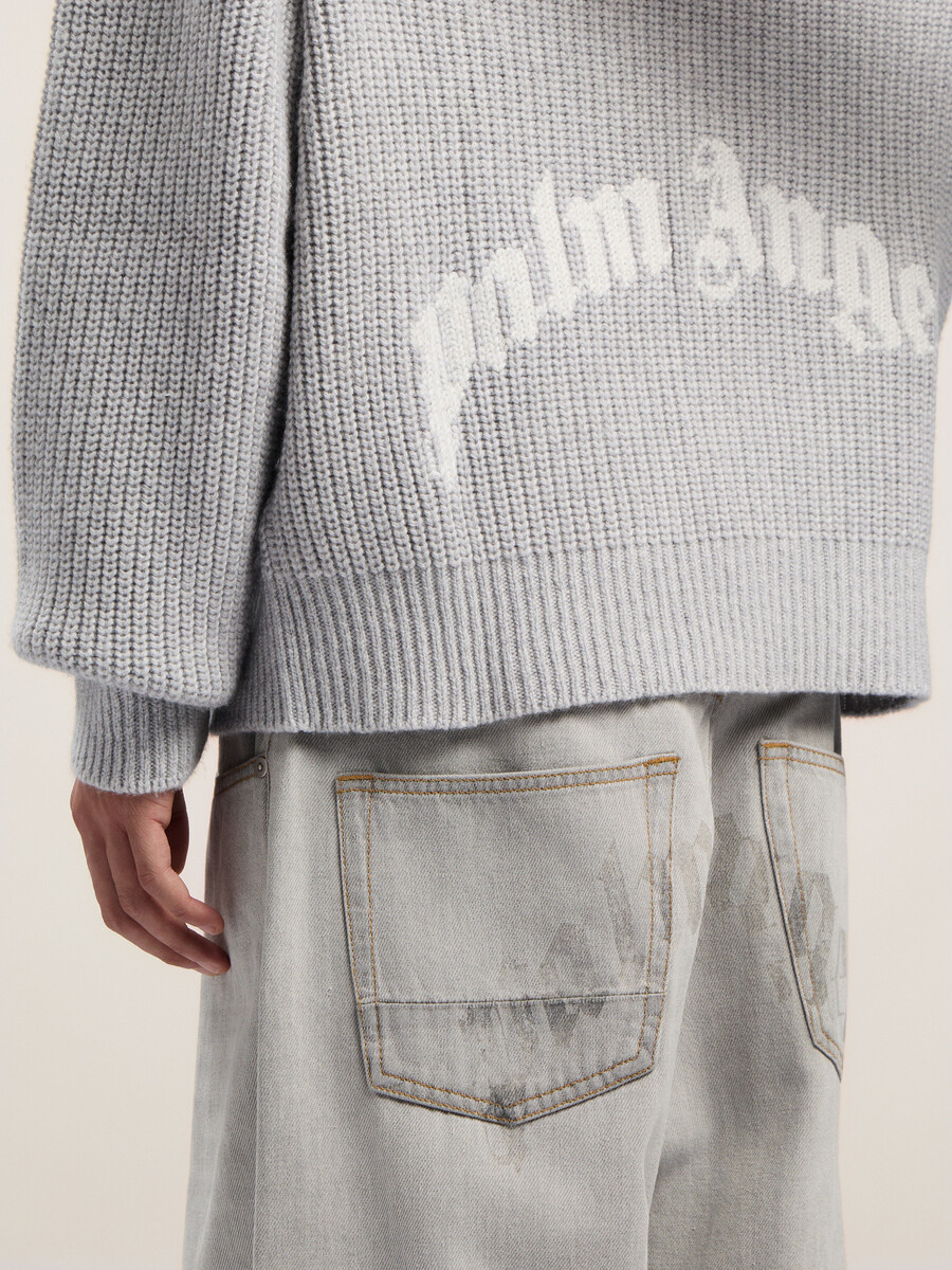 curved logo rib knit hoodie